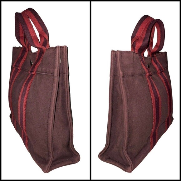 HERMÈS Hermes Canvas Bag Fourre Tout Small Stripe Burgundy Maroon Tote Bag Purse - Picture 7 of 15